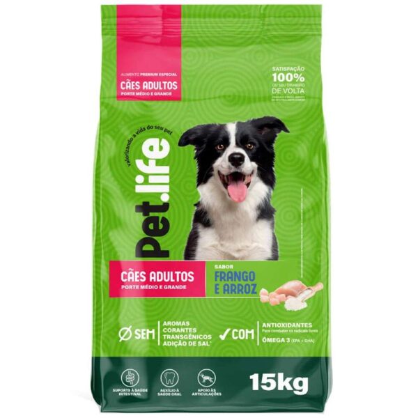Ração Seca Pet.life Frango e Arroz para Cães Adultos Porte Médio e Grande
